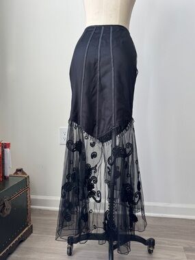 Sue Wong Black Sheer Embroidered Maxi Skirt with Fringe